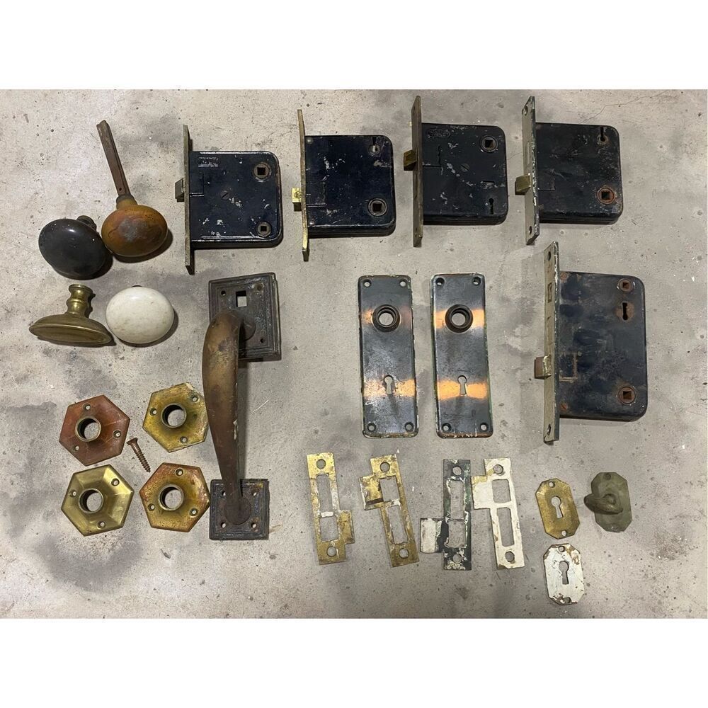 Antique Lot of Door Hardeare Knobs Martise Plates Lock
